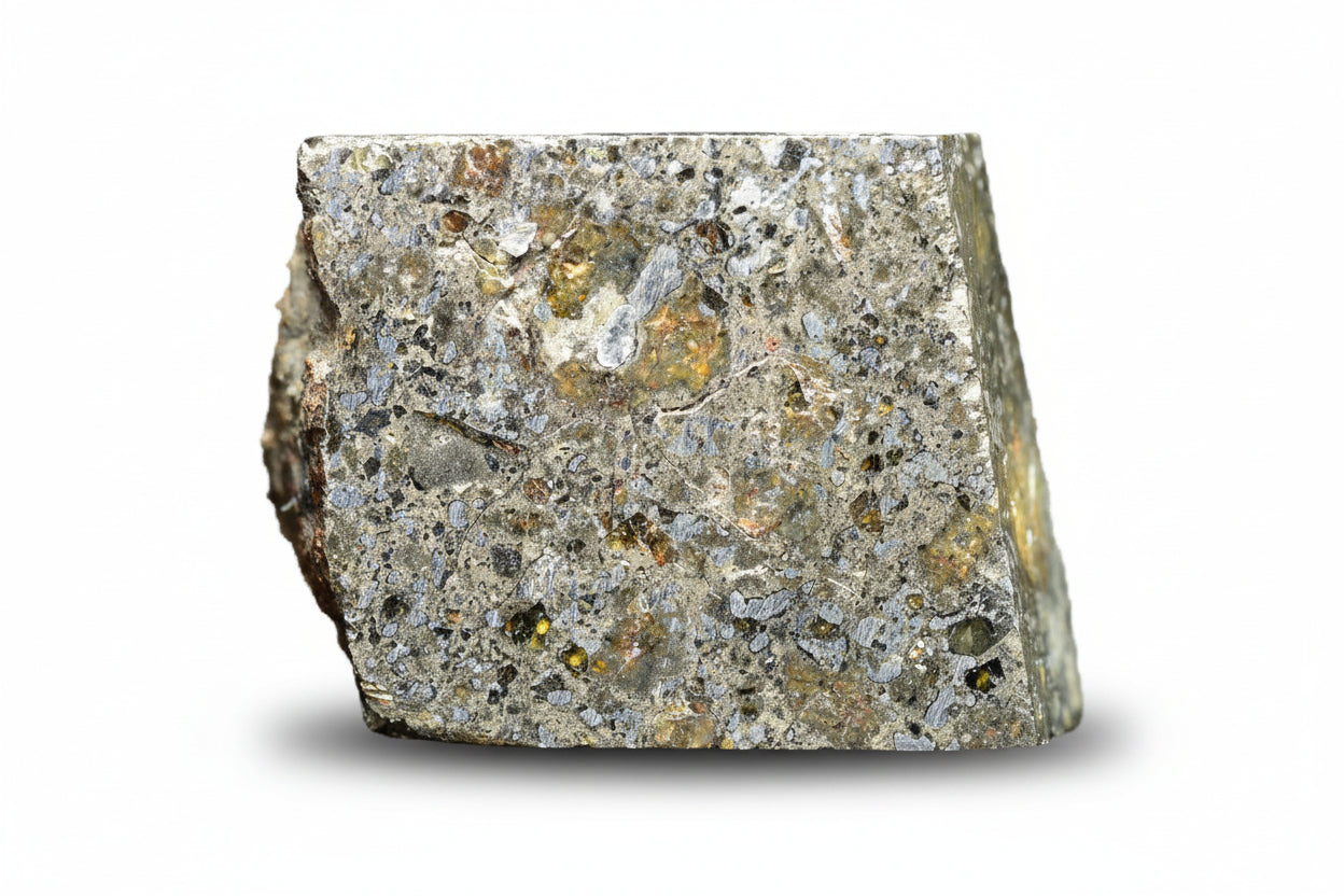 Talsint mesosiderite meteorite slice 1.71 g showing brecciated silicate and metal matrix
