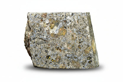 Talsint mesosiderite meteorite slice 1.71 g showing brecciated silicate and metal matrix