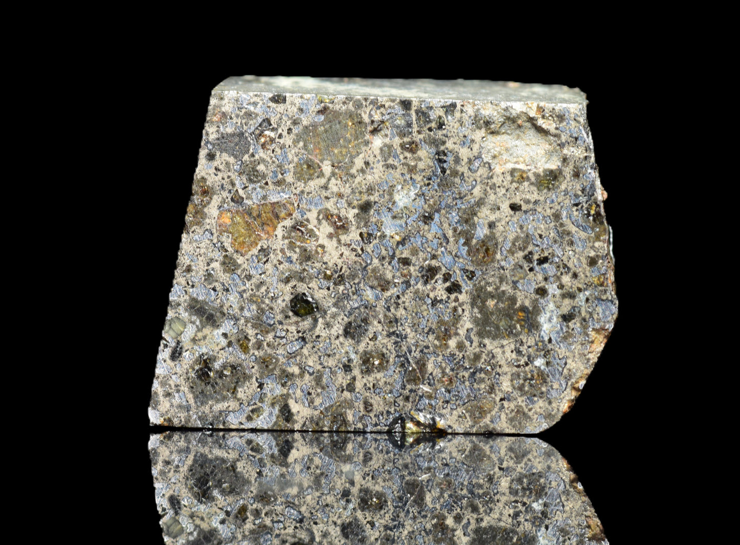Talsint mesosiderite meteorite slice 1.71 g showing brecciated silicate and metal matrix