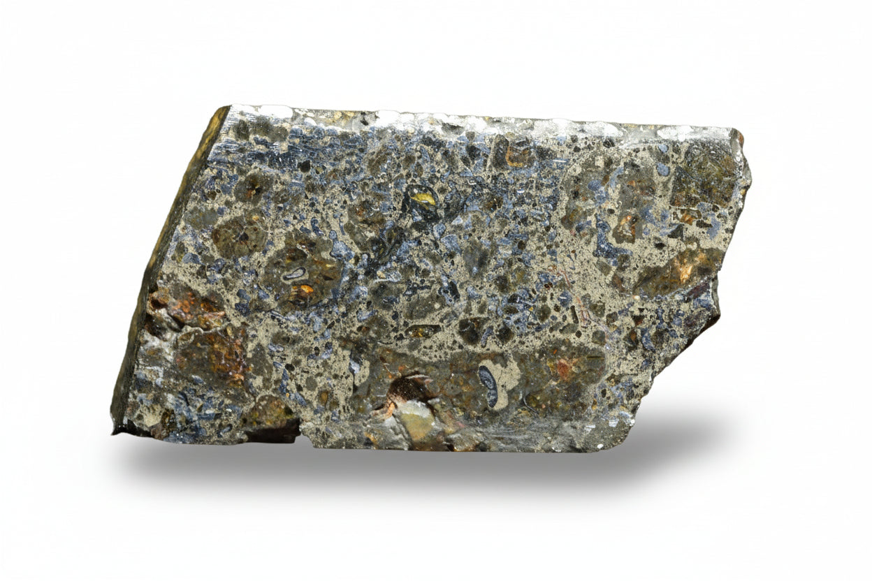 Talsint mesosiderite meteorite slice 1.72 g showing brecciated silicate and iron nickel metal matrix