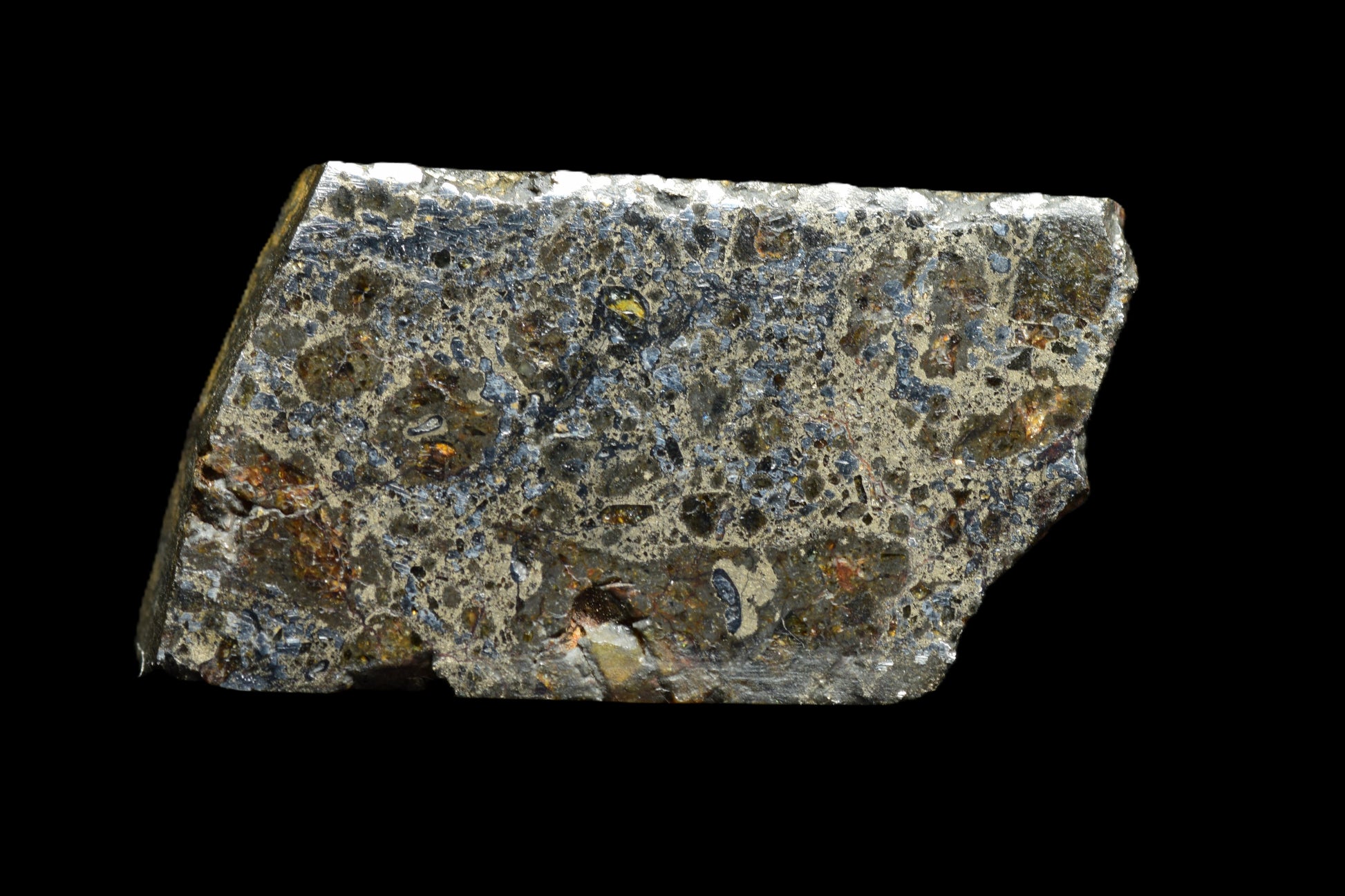 Talsint mesosiderite meteorite slice 1.72 g showing brecciated silicate and iron nickel metal matrix