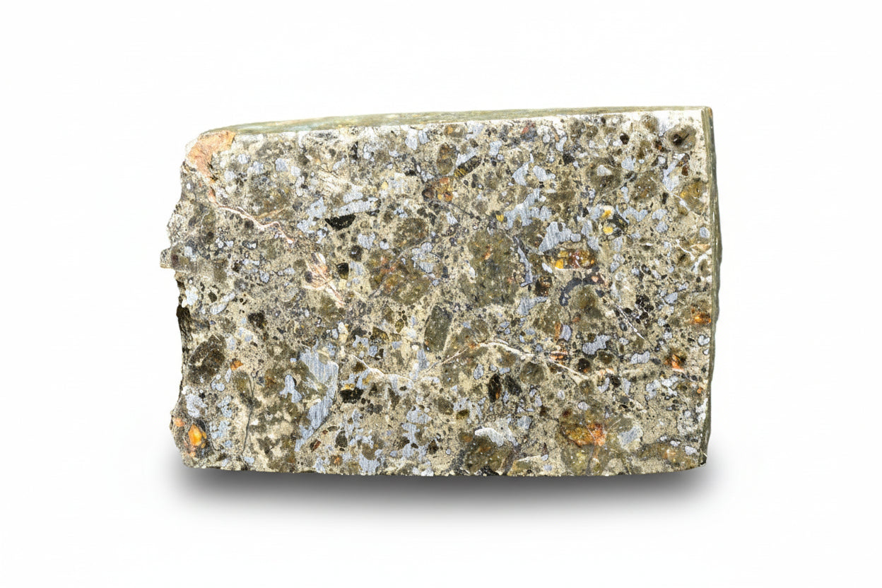 Talsint mesosiderite meteorite slice 1.99 g showing brecciated silicate and iron nickel metal matrix