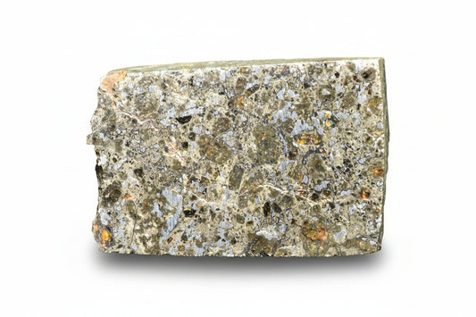 Talsint mesosiderite meteorite slice 1.99 g showing brecciated silicate and iron nickel metal matrix