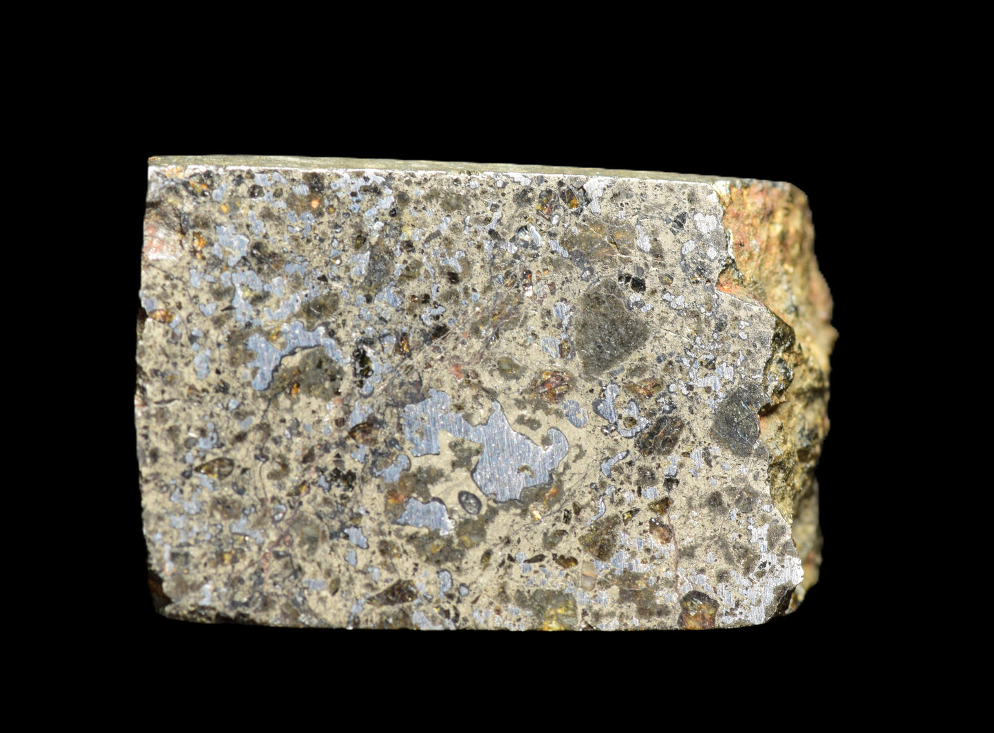 Talsint mesosiderite meteorite slice 1.99 g showing brecciated silicate and iron nickel metal matrix