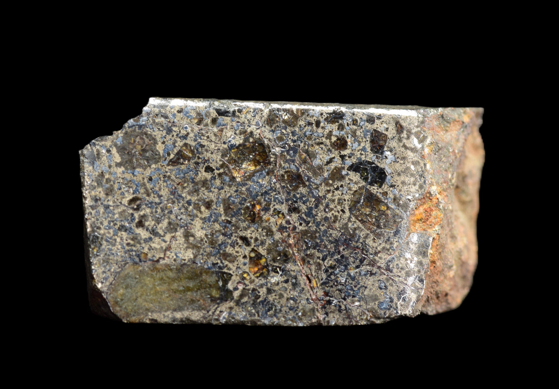 Talsint mesosiderite meteorite slice 2.39 g showing brecciated silicate and iron nickel metal matrix