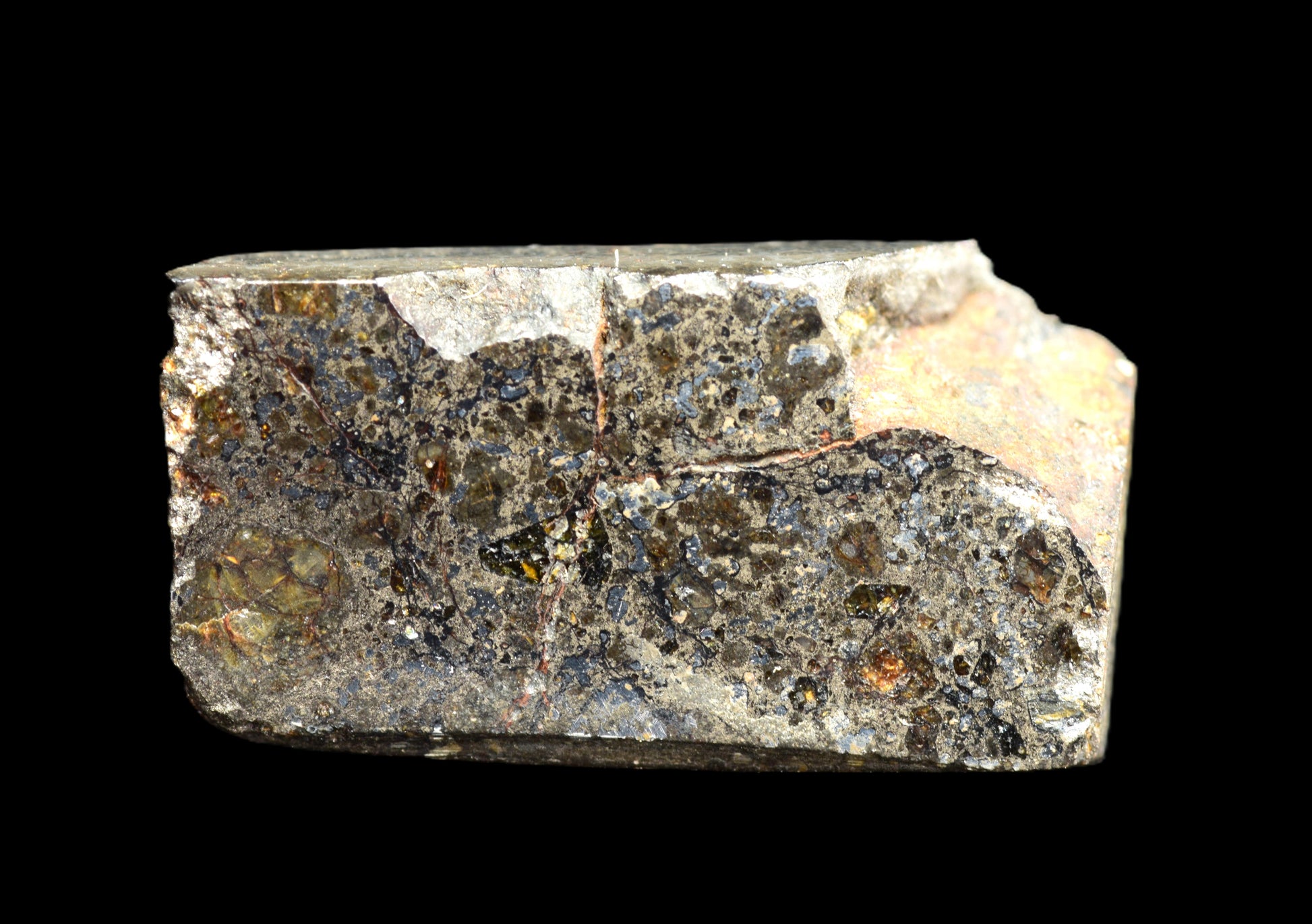 Talsint mesosiderite meteorite slice 2.39 g showing brecciated silicate and iron nickel metal matrix