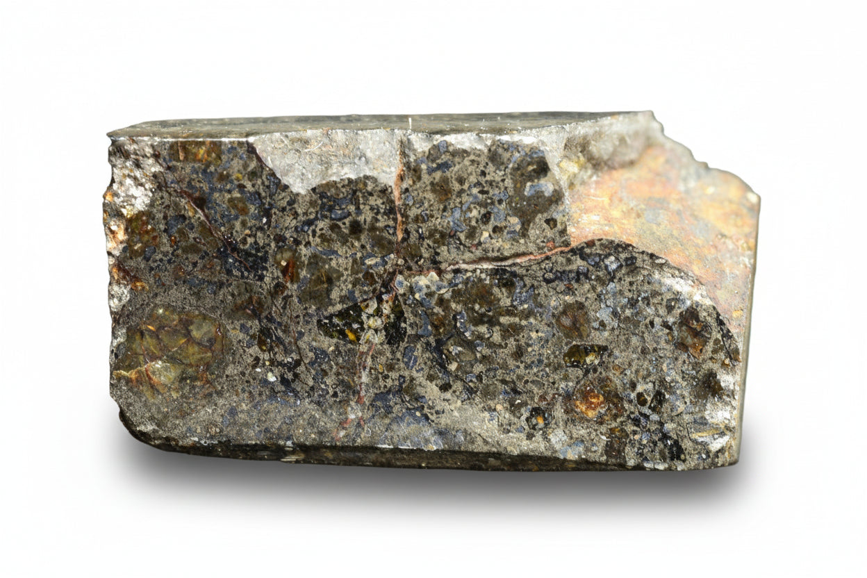 Talsint mesosiderite meteorite slice 2.39 g showing brecciated silicate and iron nickel metal matrix