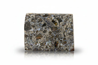 Talsint mesosiderite meteorite slice 2.43 g showing brecciated silicate and metal matrix