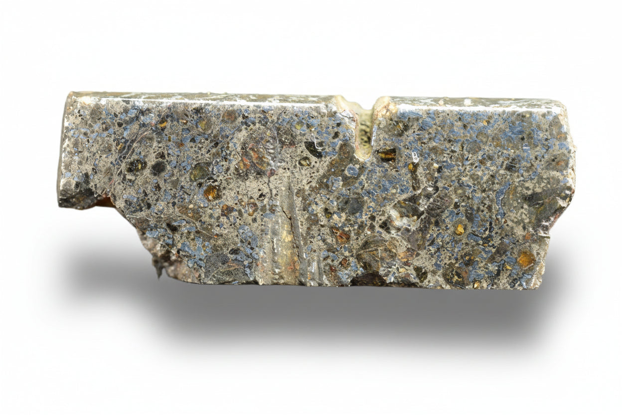 Talsint mesosiderite meteorite slice 2.7 g showing brecciated silicate and iron nickel metal matrix