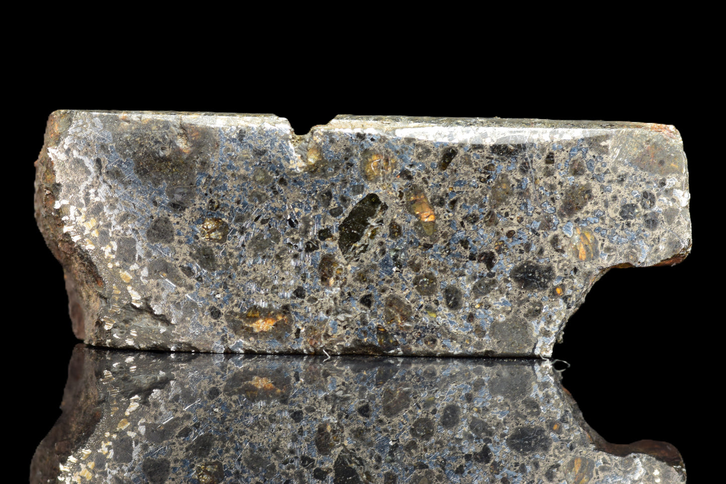 Talsint mesosiderite meteorite slice 2.7 g showing brecciated silicate and iron nickel metal matrix