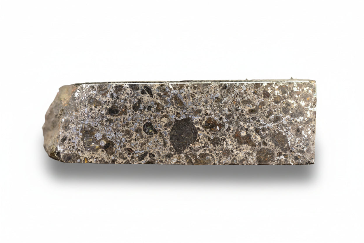 Talsint mesosiderite meteorite slice 4.33 g showing brecciated silicate and iron nickel metal matrix