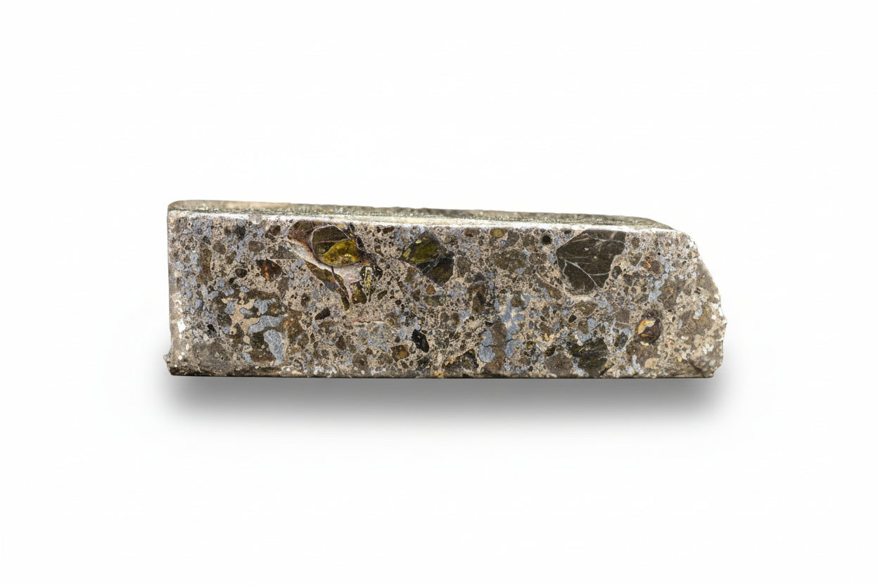 Talsint mesosiderite meteorite slice 4.33 g showing brecciated silicate and iron nickel metal matrix