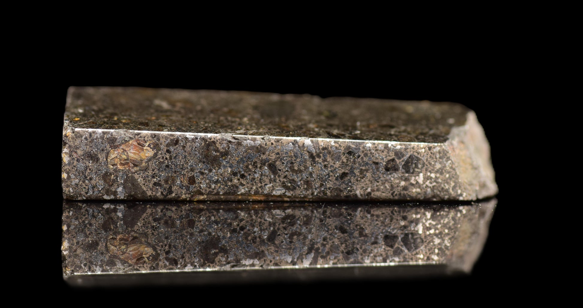 Talsint mesosiderite meteorite slice 4.33 g showing brecciated silicate and iron nickel metal matrix