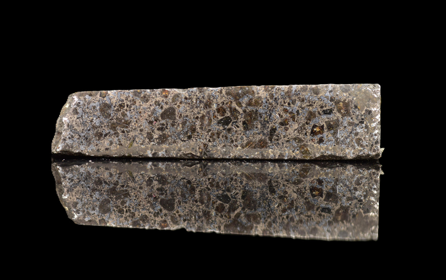 Talsint mesosiderite meteorite slice 4.33 g showing brecciated silicate and iron nickel metal matrix