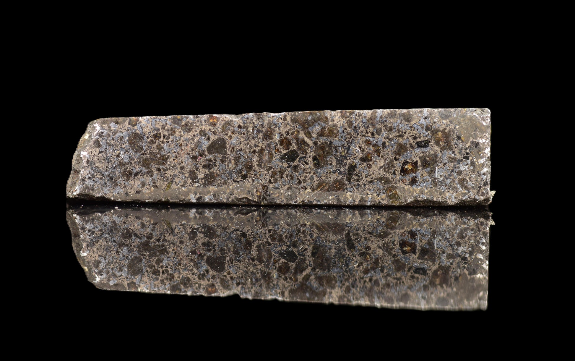 Talsint mesosiderite meteorite slice 4.33 g showing brecciated silicate and iron nickel metal matrix
