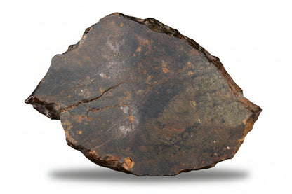 Unpolished NWA 13272 achondrite meteorite slice showing metallic and mineral textures, weighs 18.66 grams, from Buy Meteorite, LLC.