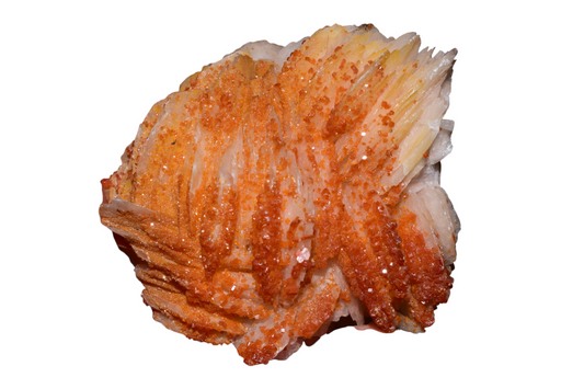Orange vanadinite crystals on white barite blades – close-up front view, Mibladen Morocco